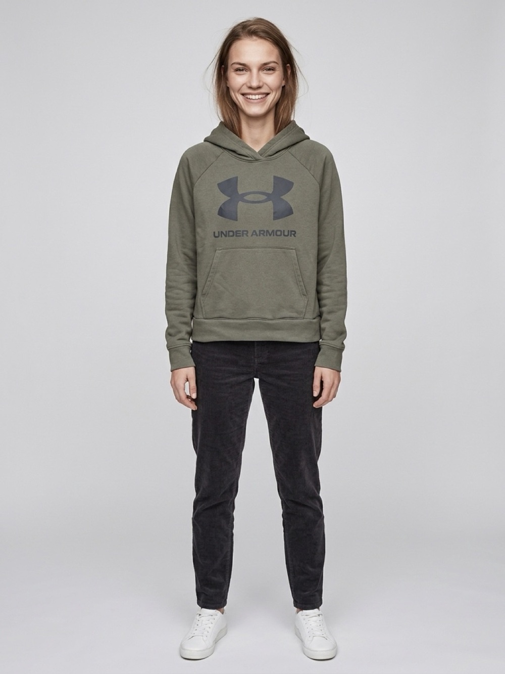 Under Armour Olive Green Logo Pullover Hoodie Women's L Kangaroo Pocket Athleisu